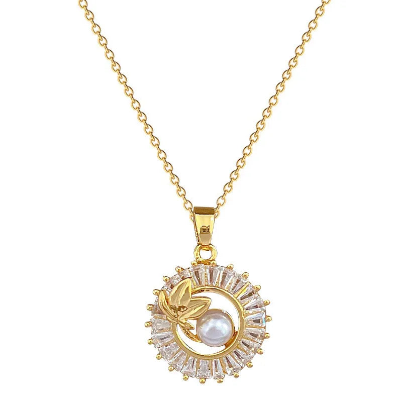 Women's geometric square full diamond round ring leaves design necklace and earrings set in titanium steel and copper.