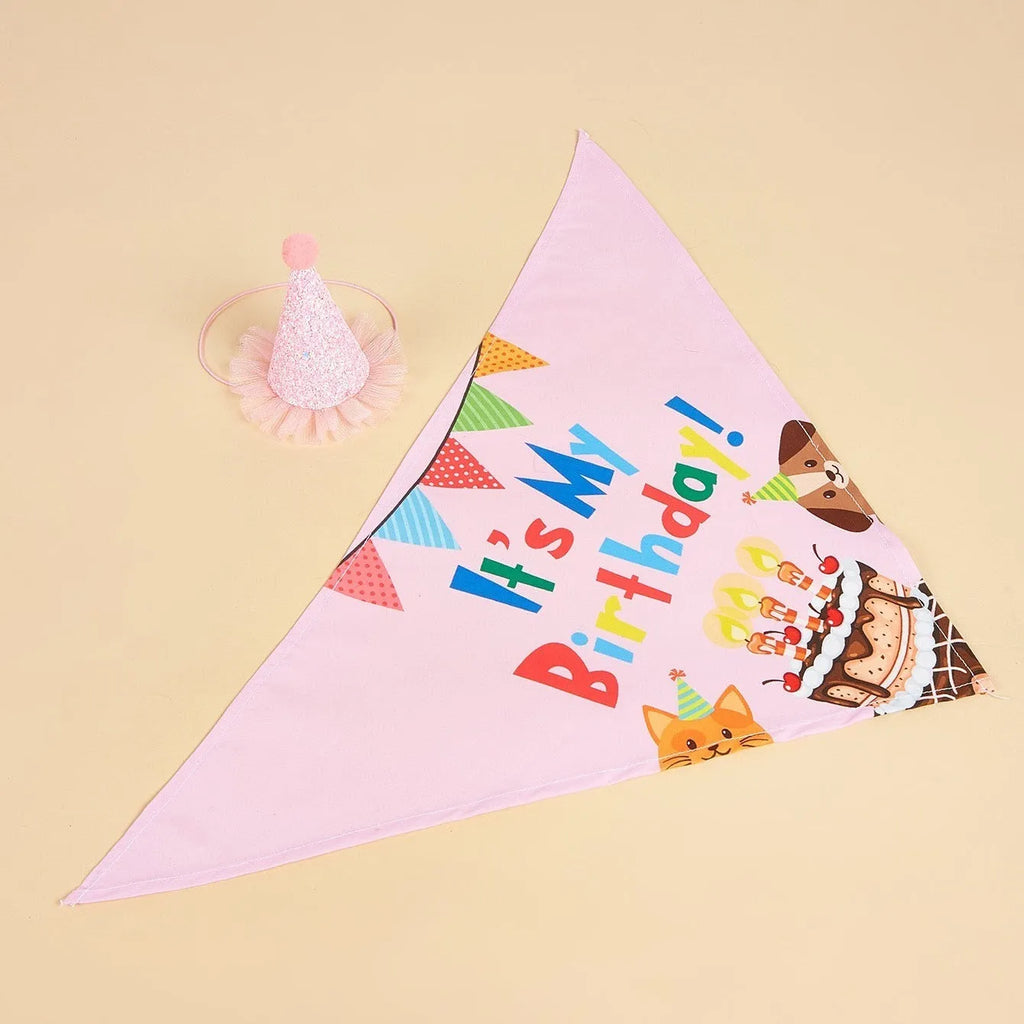 Printed polyester dog birthday hat and drool towel set in blue with creative triangular binder design