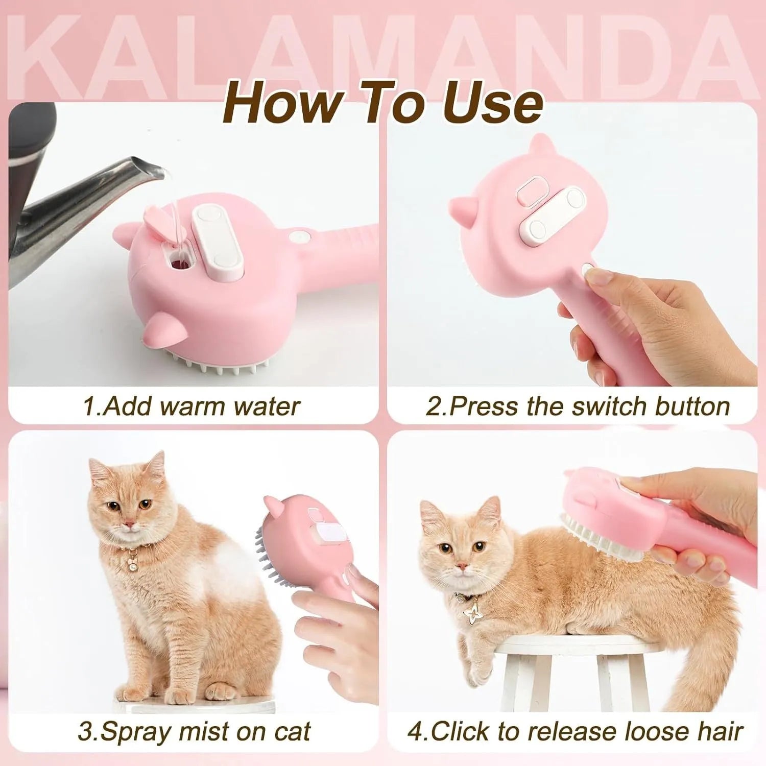 Cat ear-shaped steam brush with ergonomic handle and release button in blue, pink or yellow colour