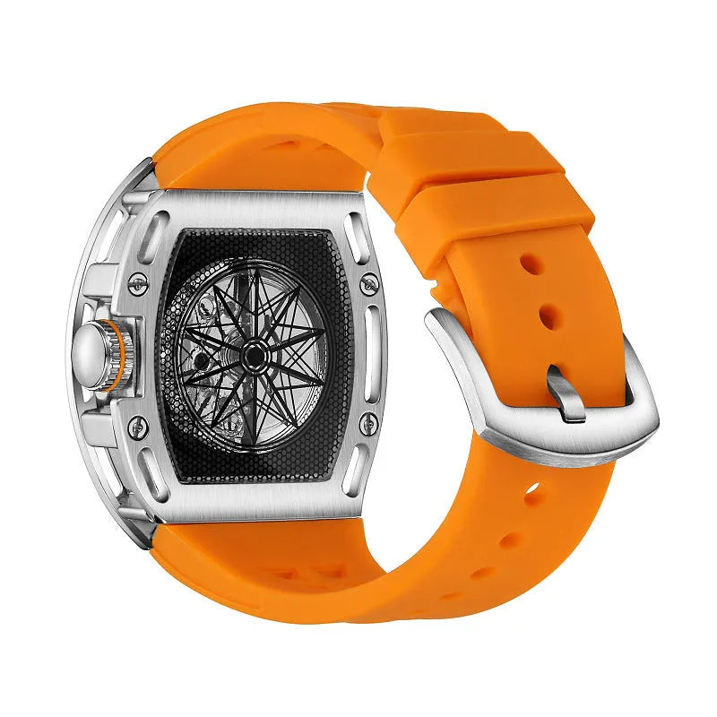 Men's barrel-shaped large dial watch with black ribbon silicone strap, alloy case, and mineral glass