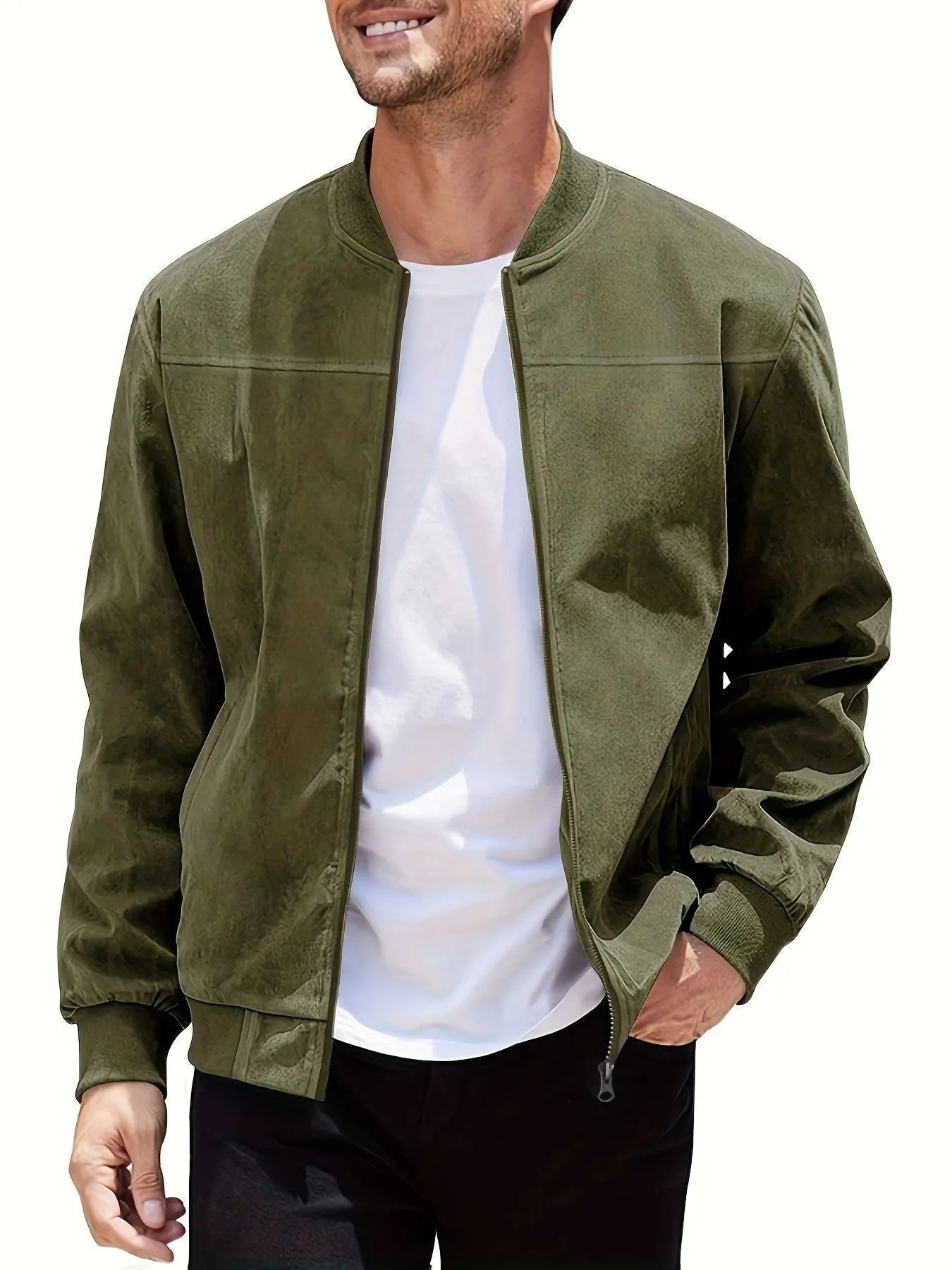 Men's plus size casual jacket in suede fabric, shown in Army Green colour with a front zipper.