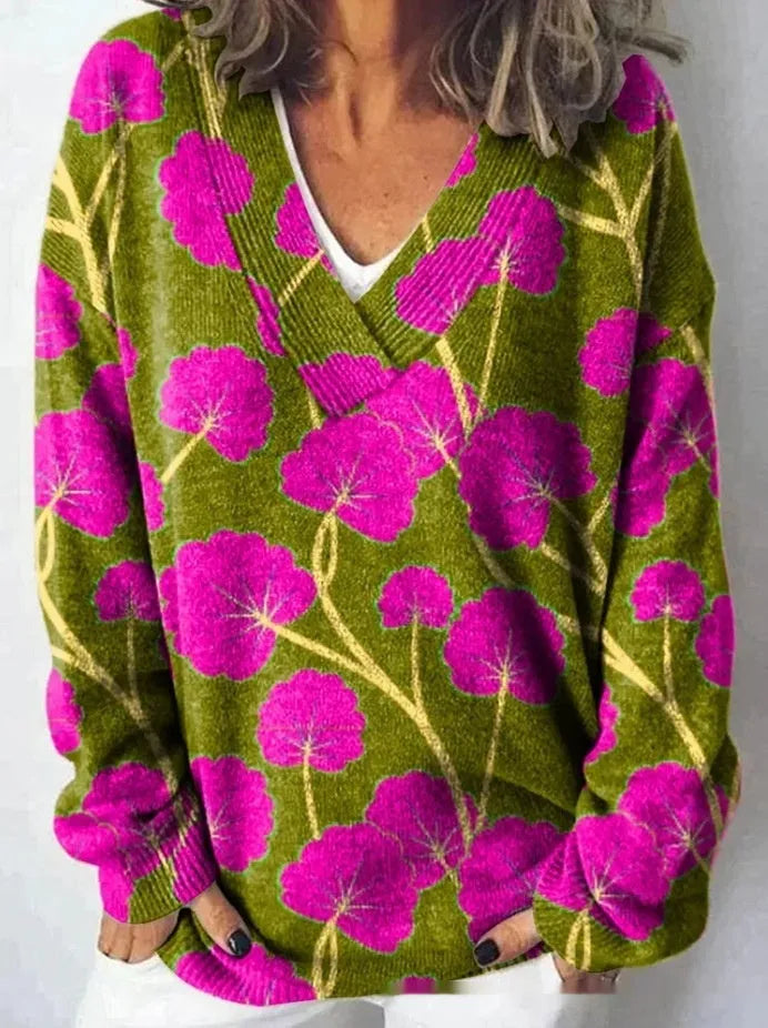 Women's V-neck long sleeve sweatshirt with a detailed 3D floral printed pattern in a retro style.