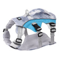 Reflective dog chest strap with LED strips in light blue, shown with adjustable fastenings.