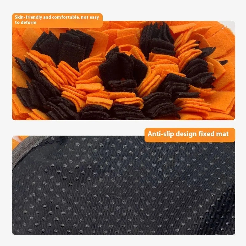 Orange pet slow feed training mat with textured fleece surface for anti-choke feeding