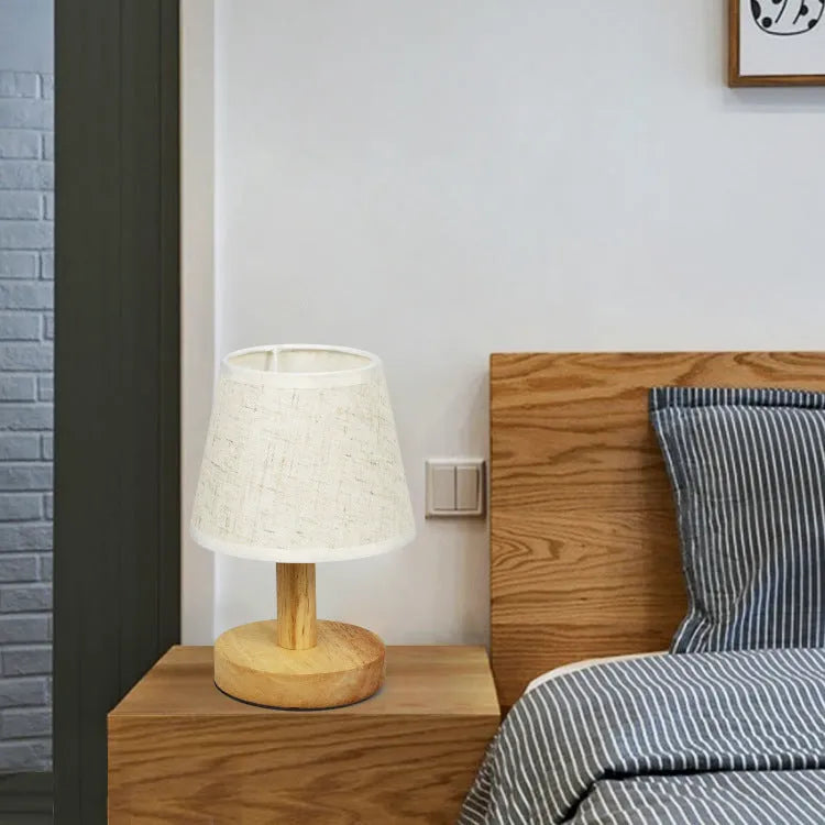 Korean vintage pleated table lamp with jute and linen shade on bamboo base, showing USB port.