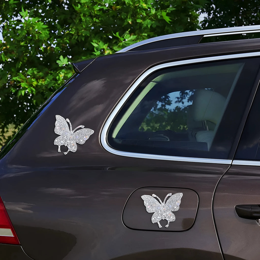 White diamond glass car sticker in butterfly or bear paw shape, 7cm by 6cm, for vehicle window decoration