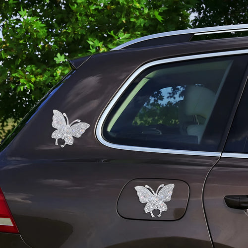 White diamond glass car sticker in butterfly or bear paw shape, 7cm by 6cm, for vehicle window decoration