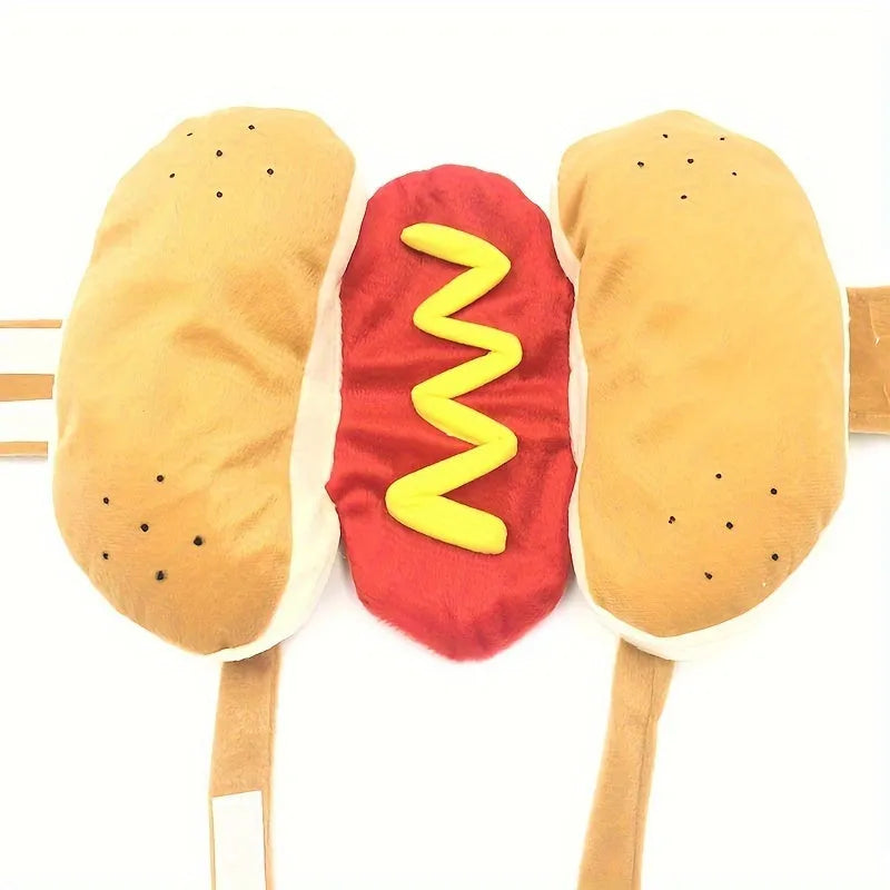 A dog or cat wearing a stuffed brown hot dog costume with bun detail for party cosplay.