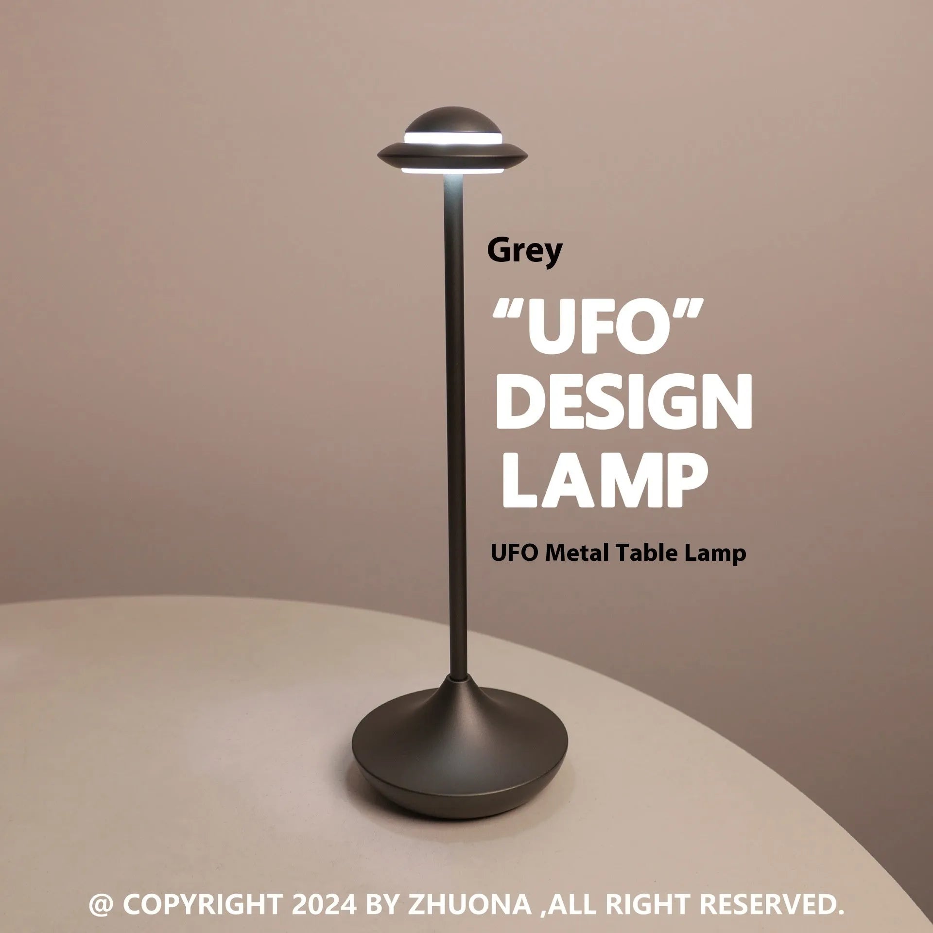 Modern UFO-shaped metal table lamp in black, gold, or grey with touch dimming controls.