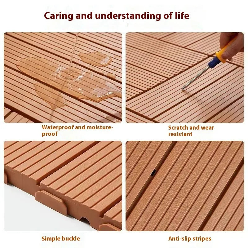 Wood grain plastic floor tiles showing splicing design and non-slip surface texture