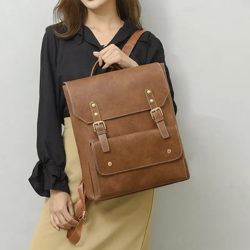 Korean style retro backpack in soft PU material showing ventilation features and available colour options
