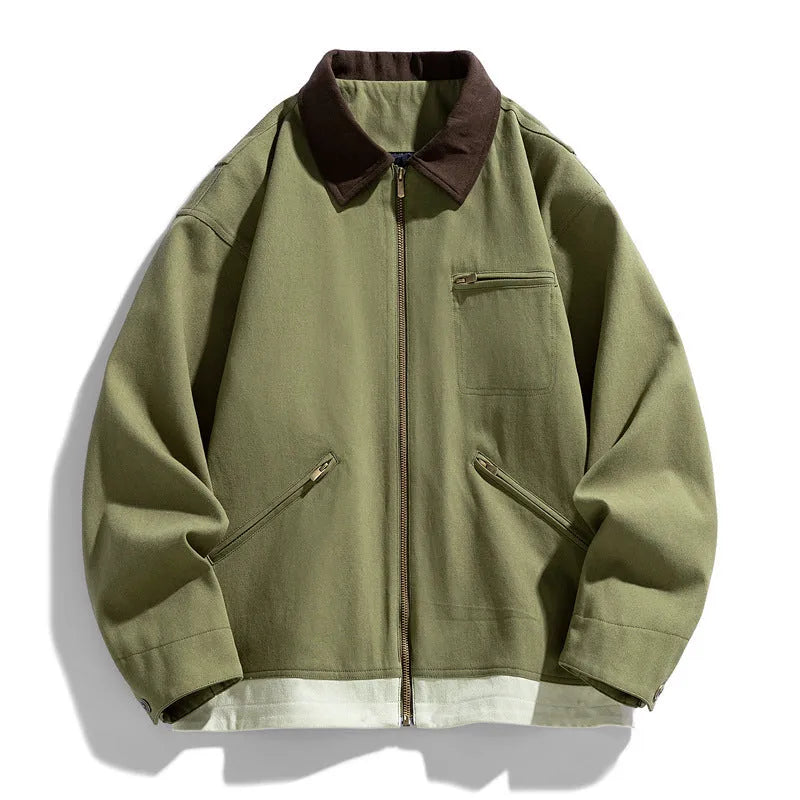 Korean style loose couple jacket with contrast lapels in polyester fabric
