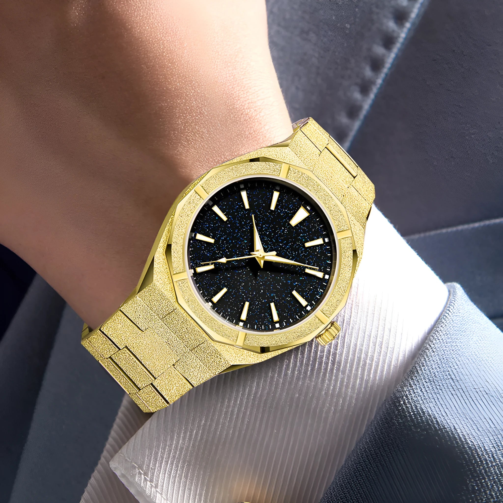Business men's wristwatch with frosted stainless steel case and luminous hands in silver colour