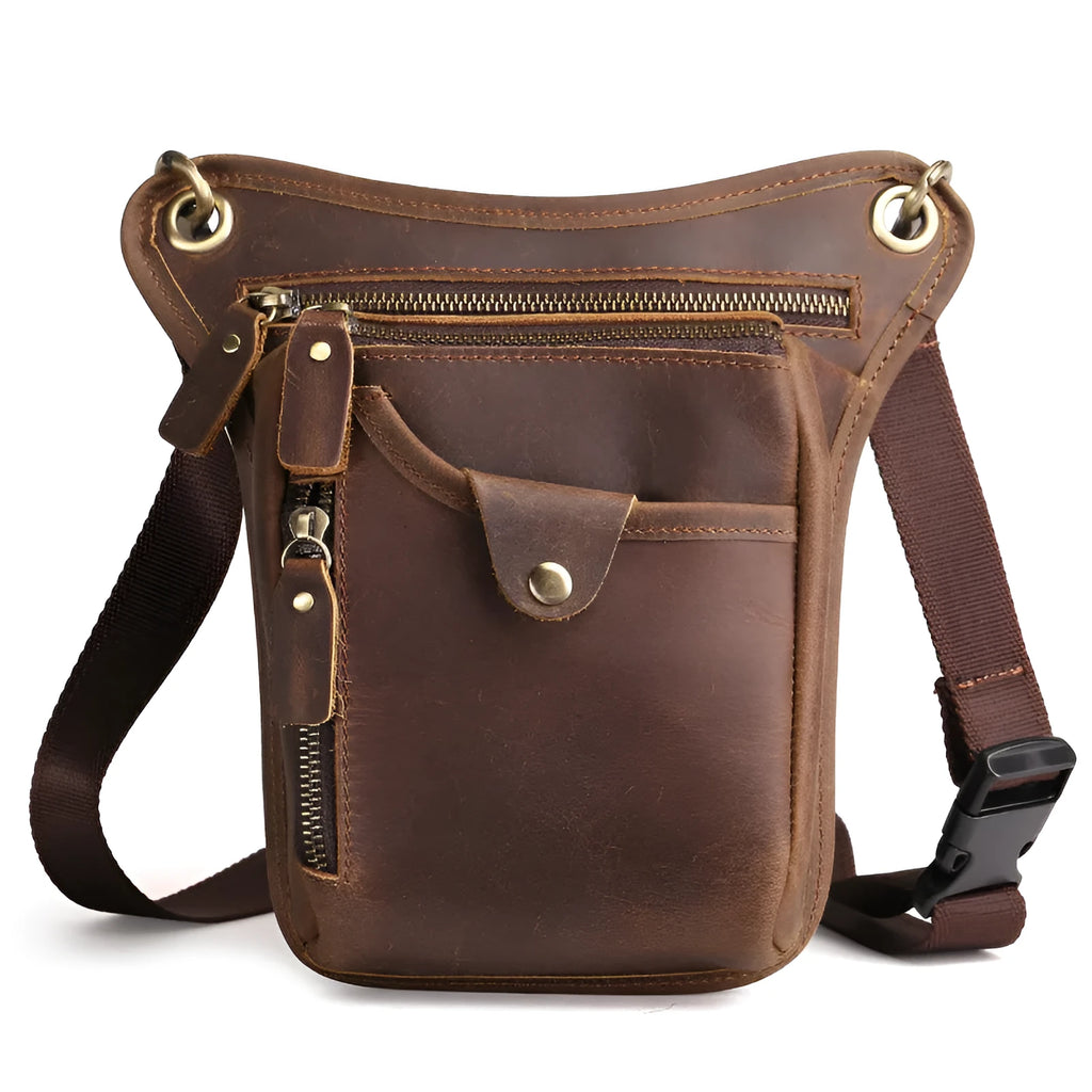 Retro brown crazy horse leather satchel bag for men with flap closure.