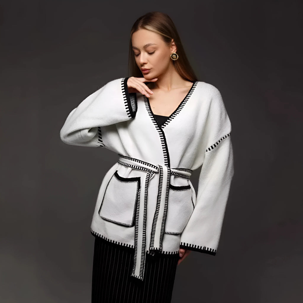 Loose knitted cardigan with lace-up front in imitation cashmere blend fabric