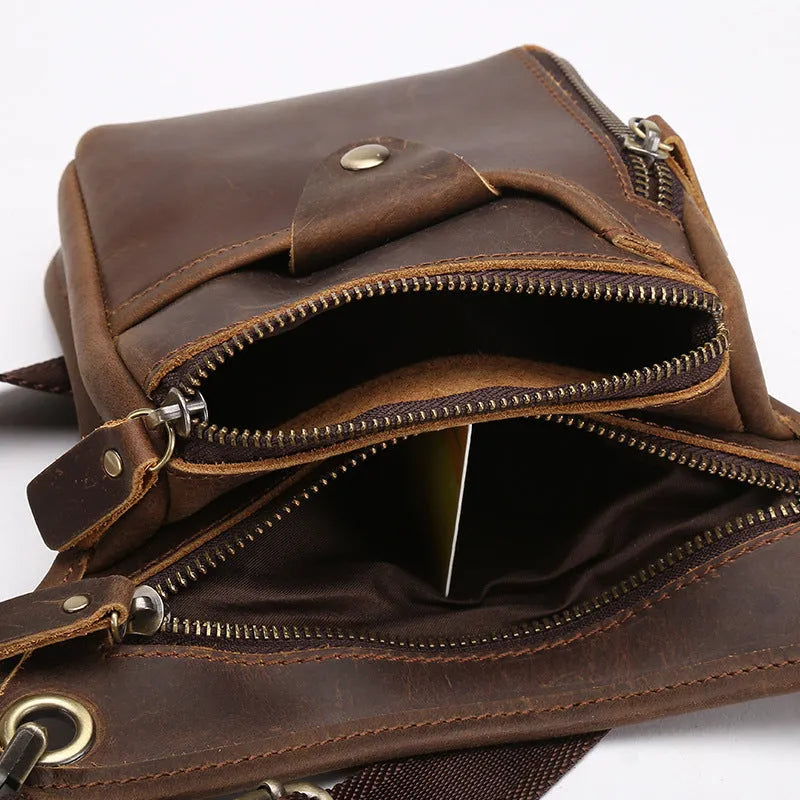 Retro brown crazy horse leather satchel bag for men with flap closure.