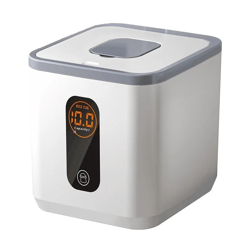 Grey plastic sealed rice storage jar with lid and measuring cup in 10kg, 20kg, or 30kg sizes.