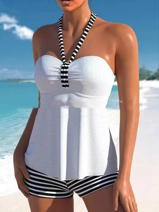 Black and white striped off-shoulder women's swimsuit with briefs style on mannequin