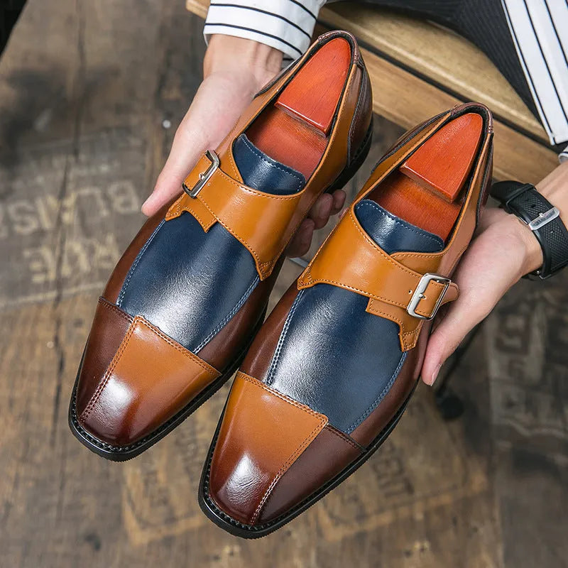 Men's British style casual leather shoes with retro buckle in black and brown-blue colours