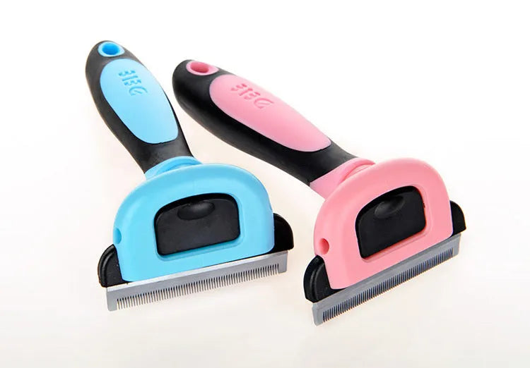 Pet hair removal comb for long straight hair pets in three sizes S M L and blue or pink colour options