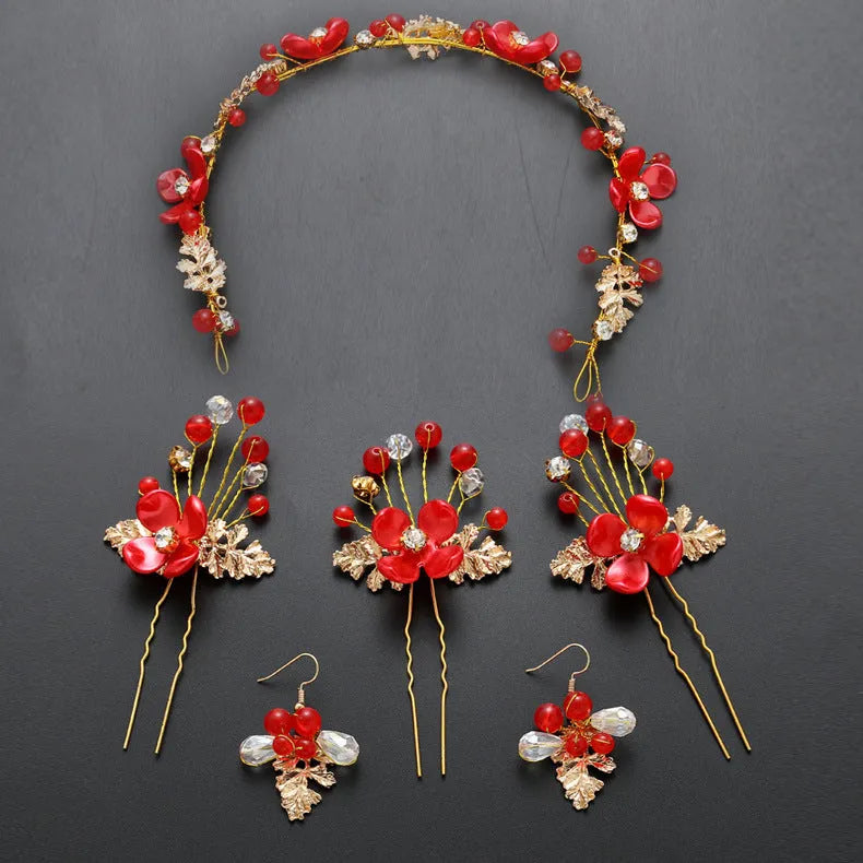 Costume jewelry set with wedding bride headdress and hair ornaments in metal alloy, faux pearls, and rhinestones