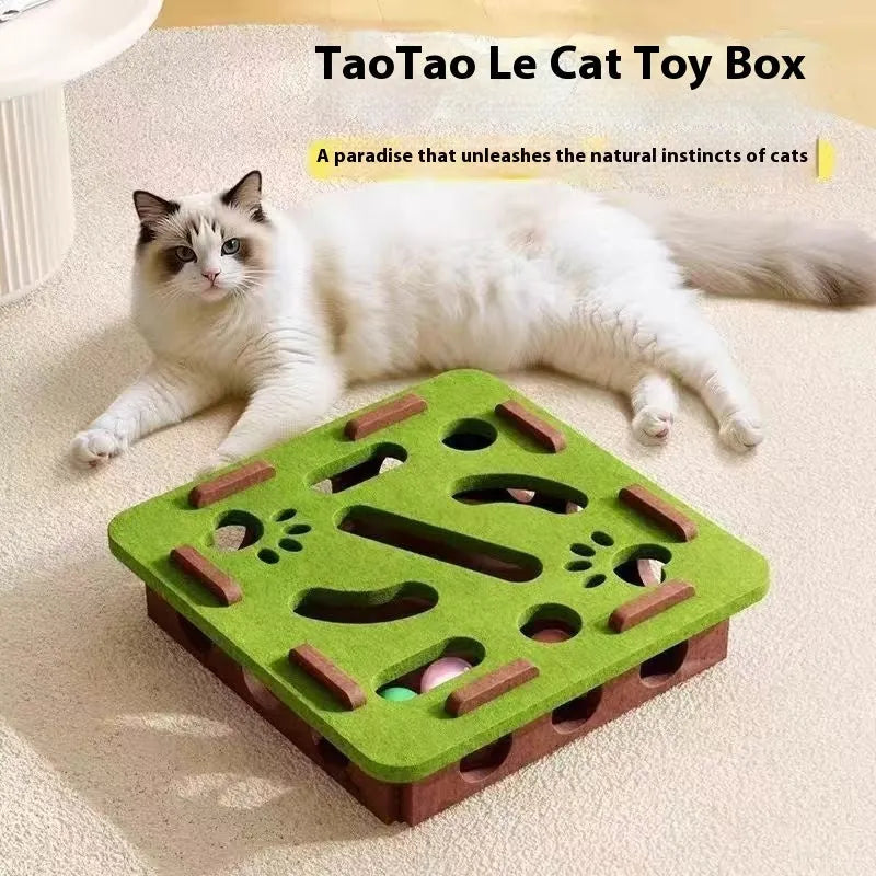 Green brown felt cat toy box with a central hole for catnip.
