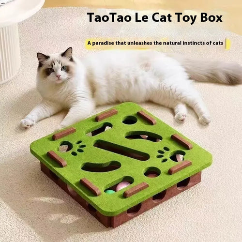 Green brown felt cat toy box with a central hole for catnip.