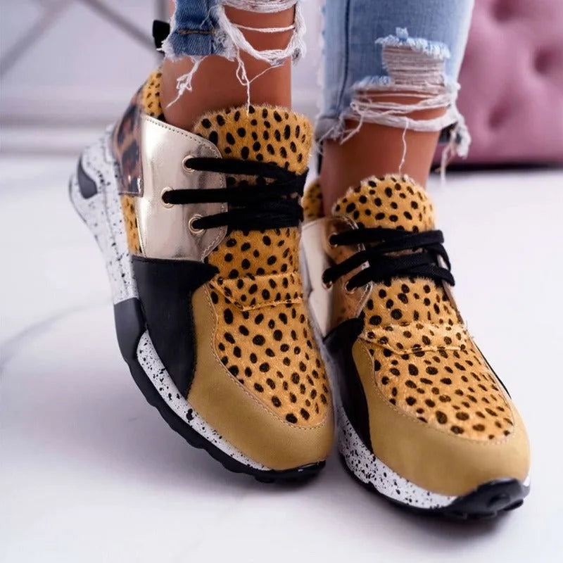 Women's casual wedge-heel sports sneakers in multiple colour patterns with suede upper and round toe