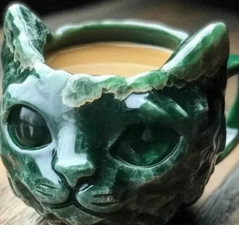 Handmade purple resin geode mug with a crystal cat cup design on a wooden table.