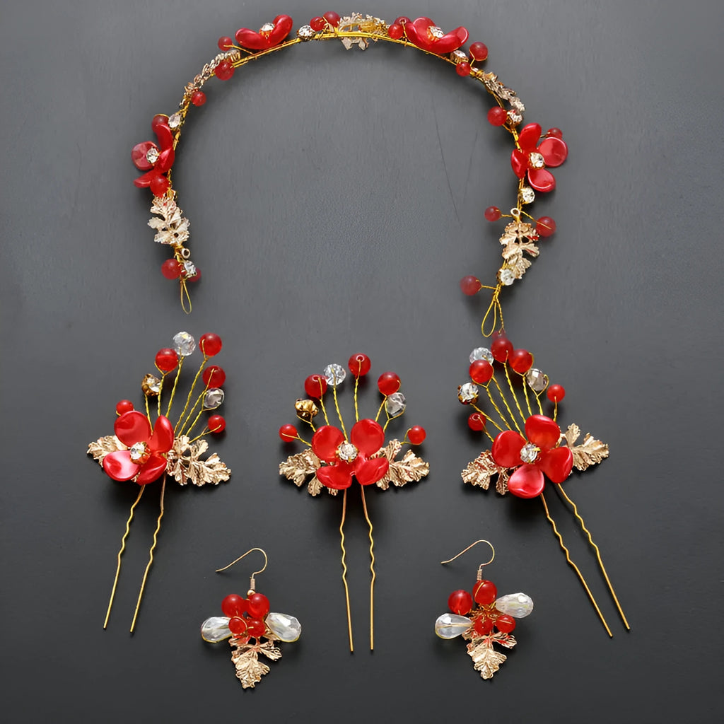 Costume jewelry set with wedding bride headdress and hair ornaments in metal alloy, faux pearls, and rhinestones