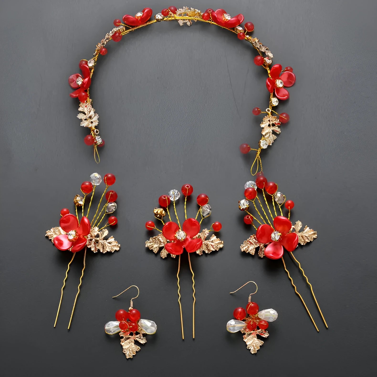 Costume jewelry set with wedding bride headdress and hair ornaments in metal alloy, faux pearls, and rhinestones