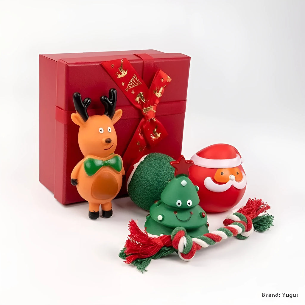 Christmas dog toy gift sets in vinyl with seven festive design options for bite-resistant chewing