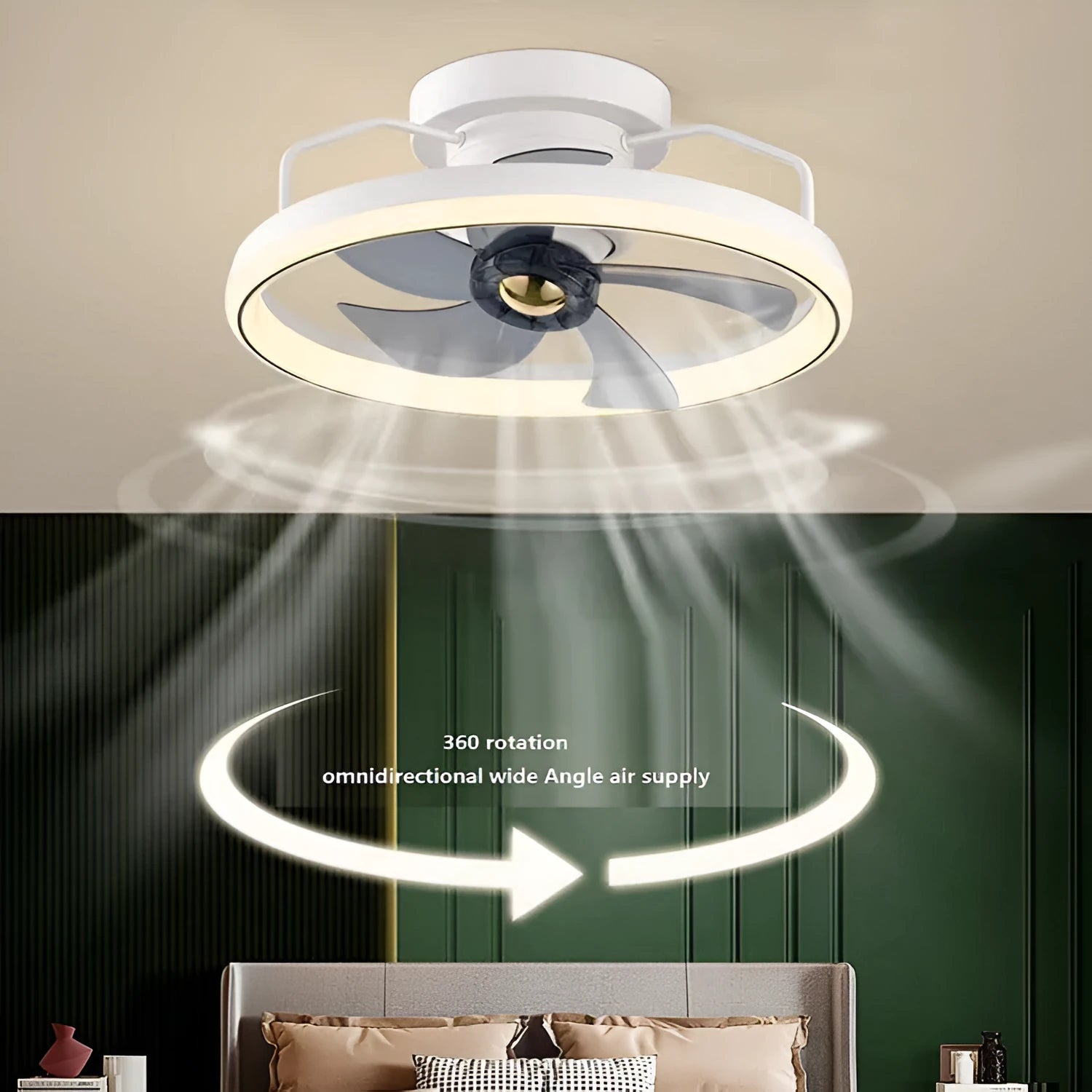 Modern simple style white ceiling fan lamp with integrated light fitting and PC blades.