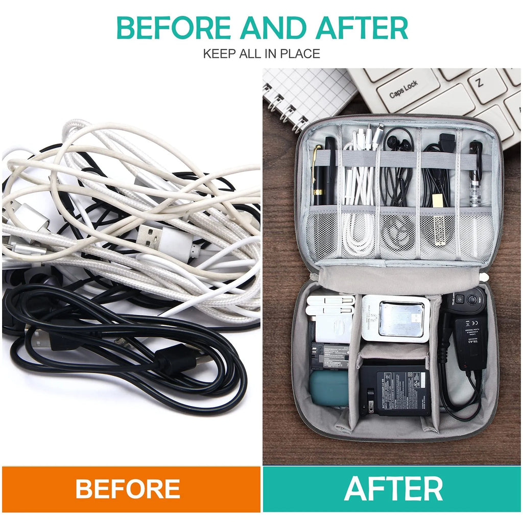 Black waterproof travel cable organiser bag open, showing mesh pockets, elastic loops, and removable padded dividers.