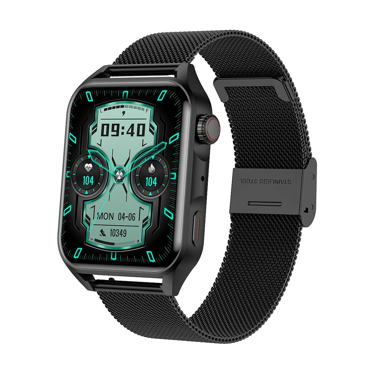 Pink smartwatch with AMOLED screen showing multiple watch dials and a silicone strap on a wrist