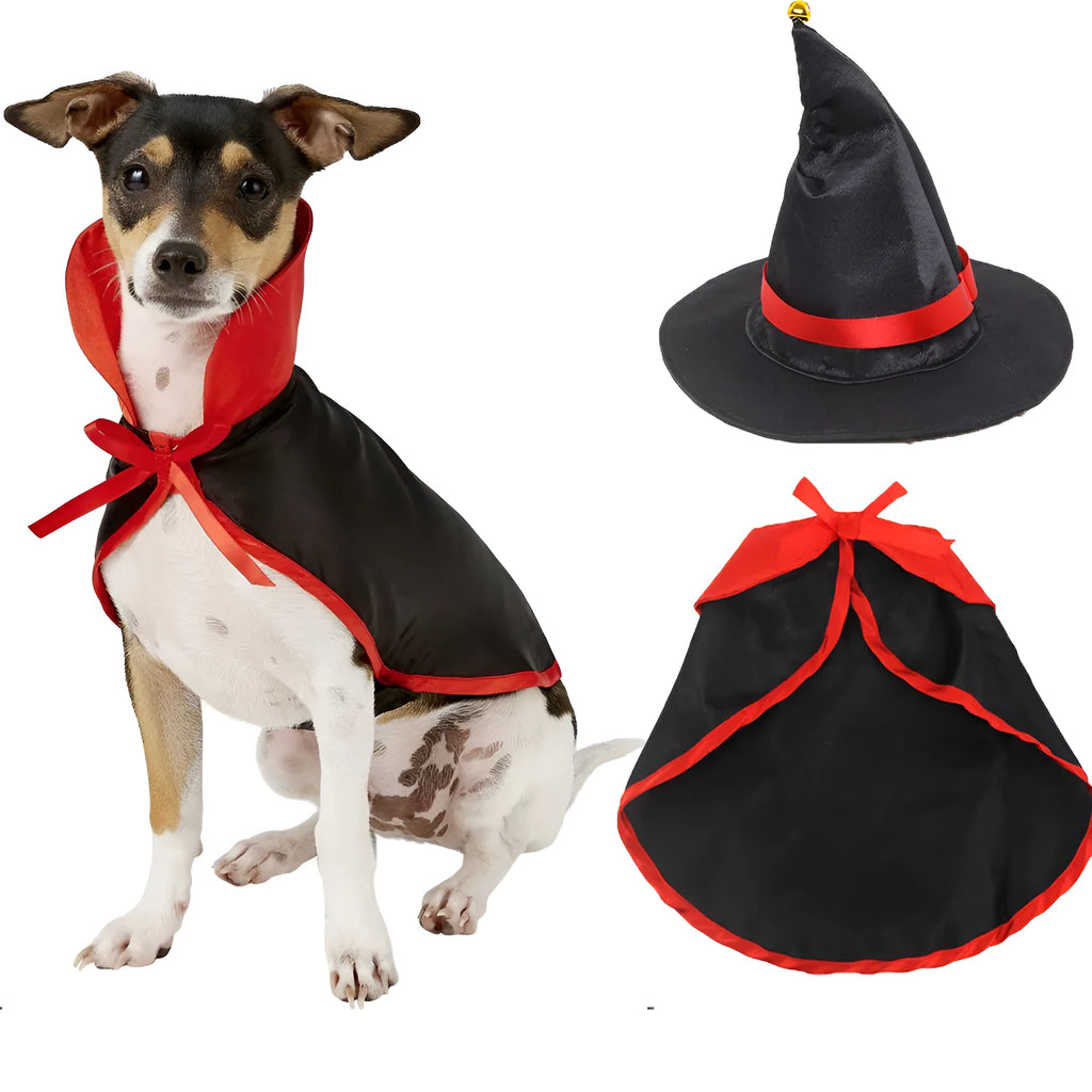 Dog wearing a Halloween cloak suit with a matching hat in a British-style design, available in multiple sizes.