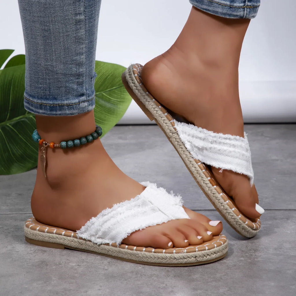 Canvas flip flops thong sandals for women in blue with flat sole