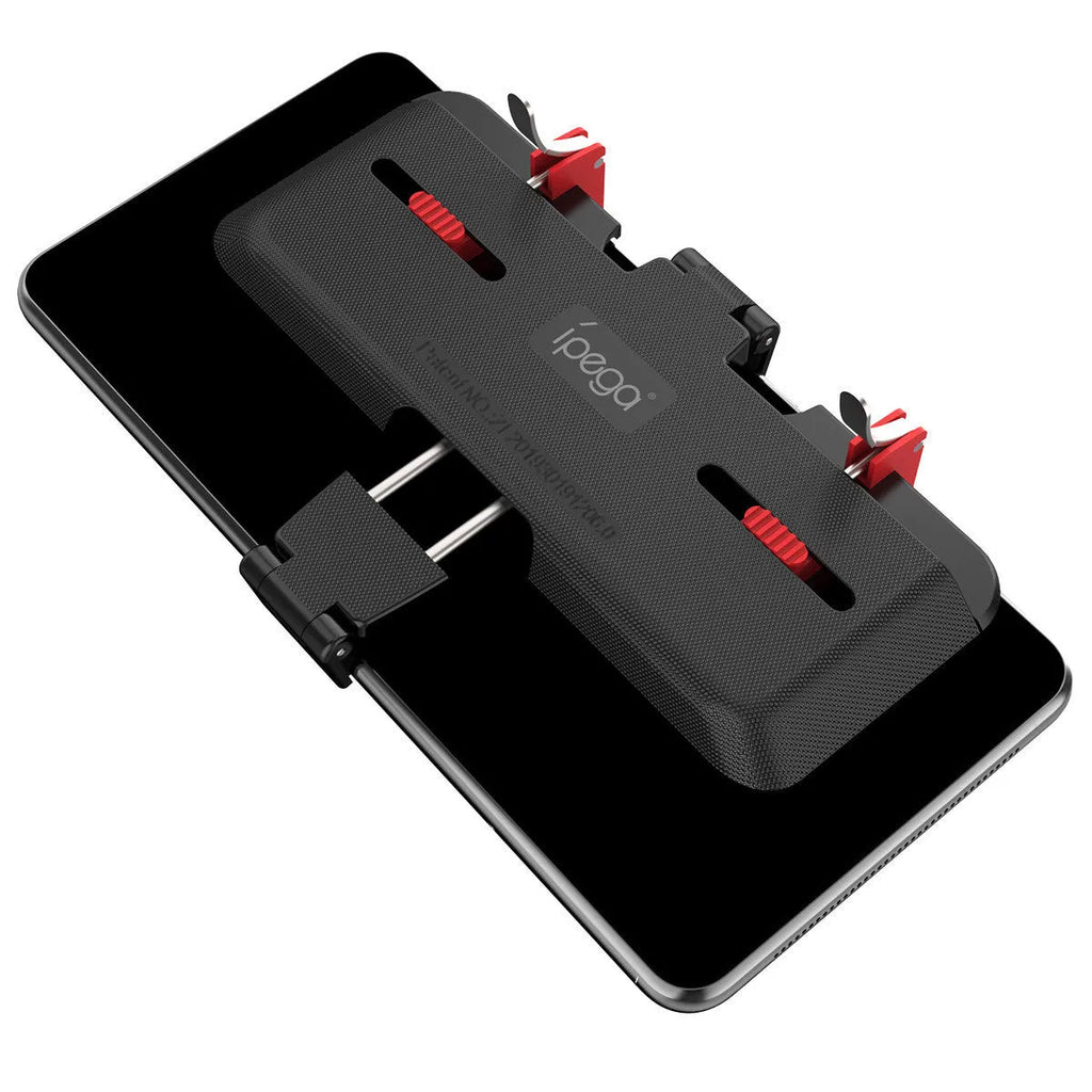 Black mobile phone gaming trigger bracket showing adjustable metal trigger and telescopic phone clamp.