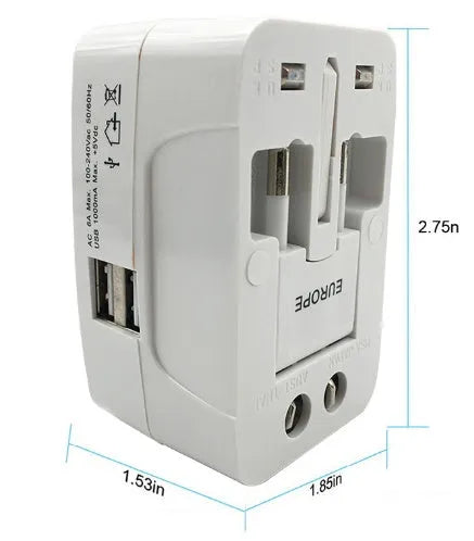 Universal travel socket adapter plug with compact dimensions for worldwide device charging