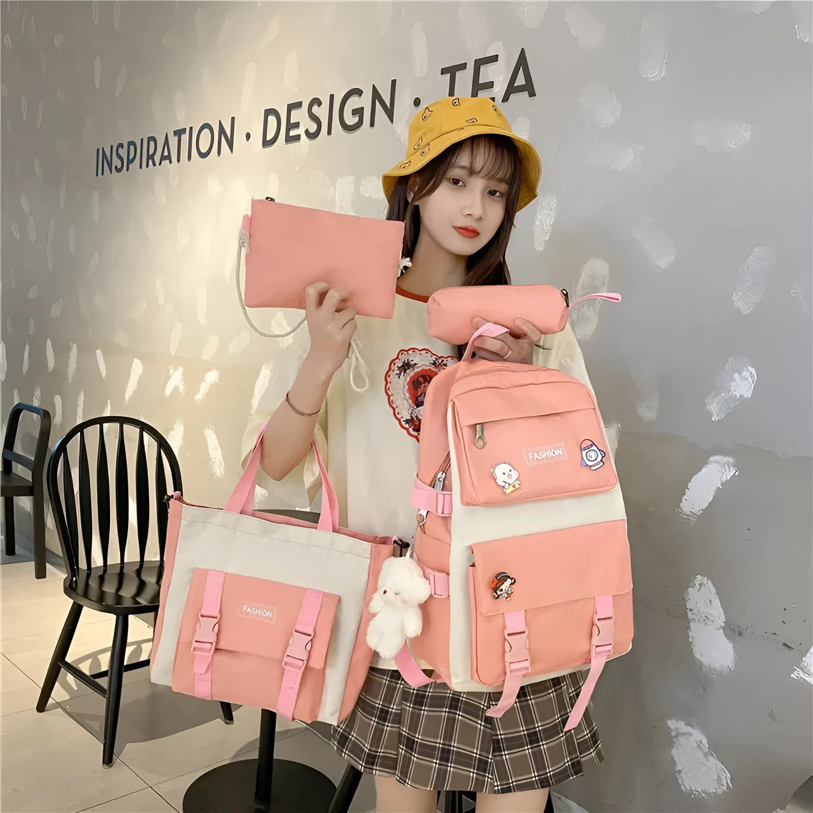 Korean style Mori casual Oxford cloth student four-piece set backpack in pink, breathable with curved shoulder strap