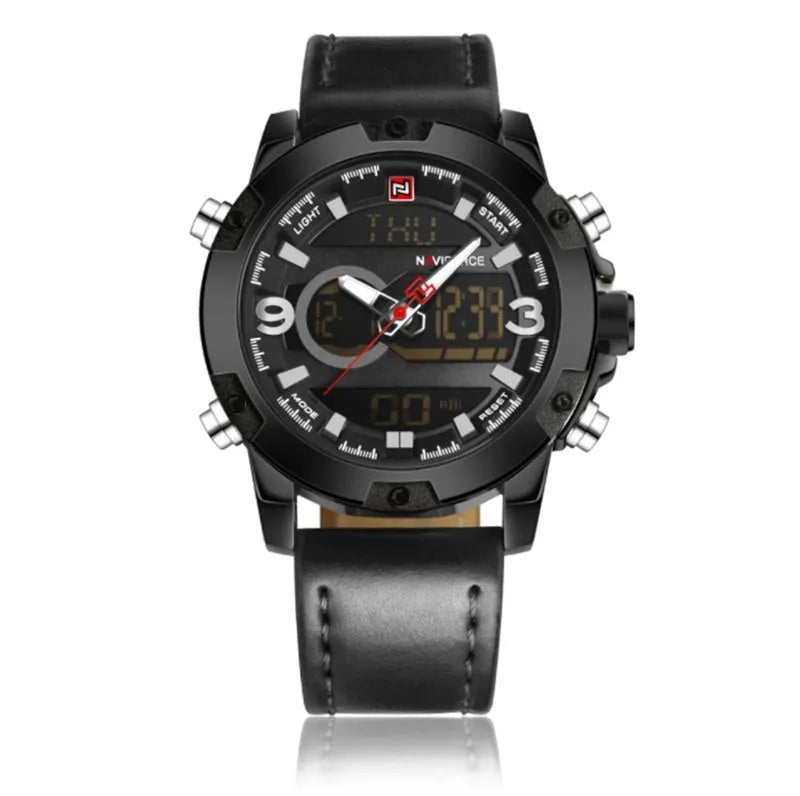 Men's leather digital army military sport watch with 46.5mm round alloy case and pin buckle