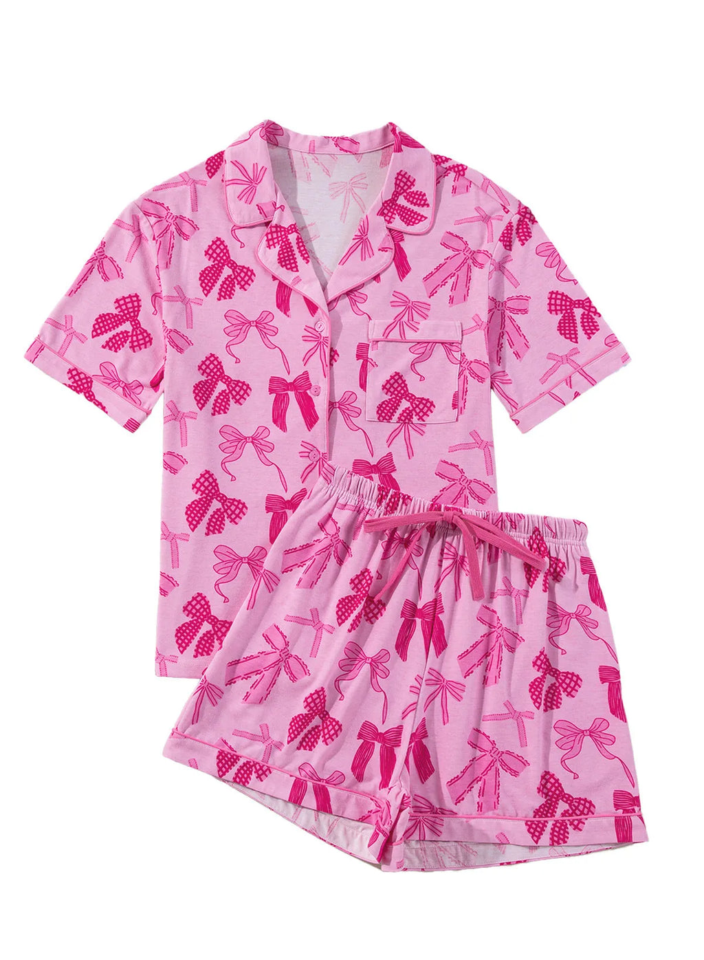 Pink bow print two-piece polyester pajama set shown as matching top and trousers