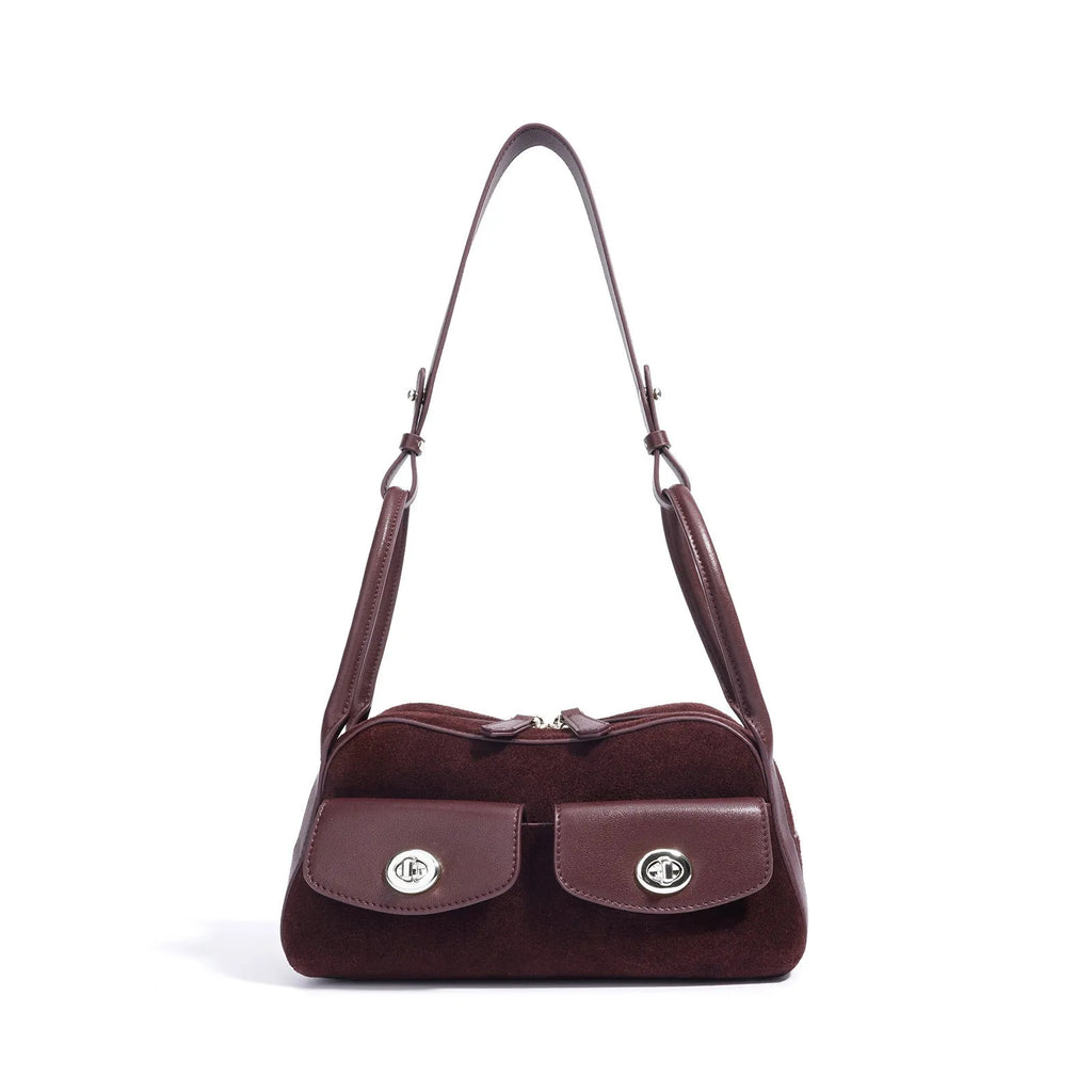 Medium genuine two-layer cowhide leather crossbody shoulder bag in solid colour with sewing line detail, 25x13x12cm
