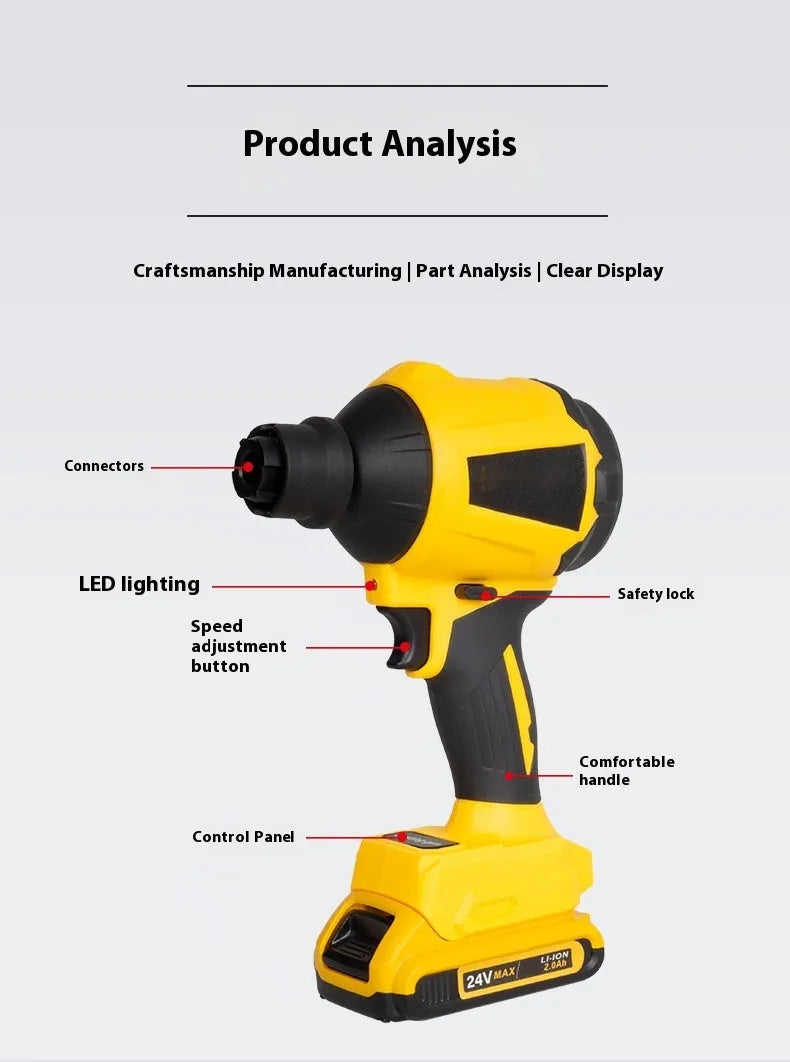 Yellow cordless dust gun with 680W power rating and adjustable air volume control for workshop and office cleaning.