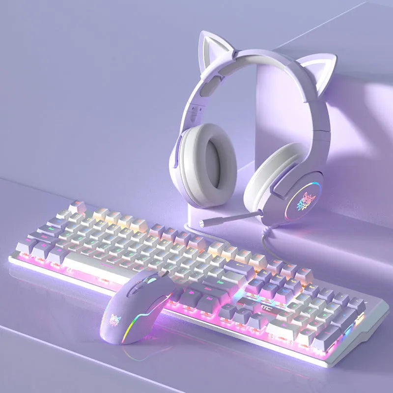 Purple and white mechanical keyboard, gaming mouse, and headset combo set with backlight on desk
