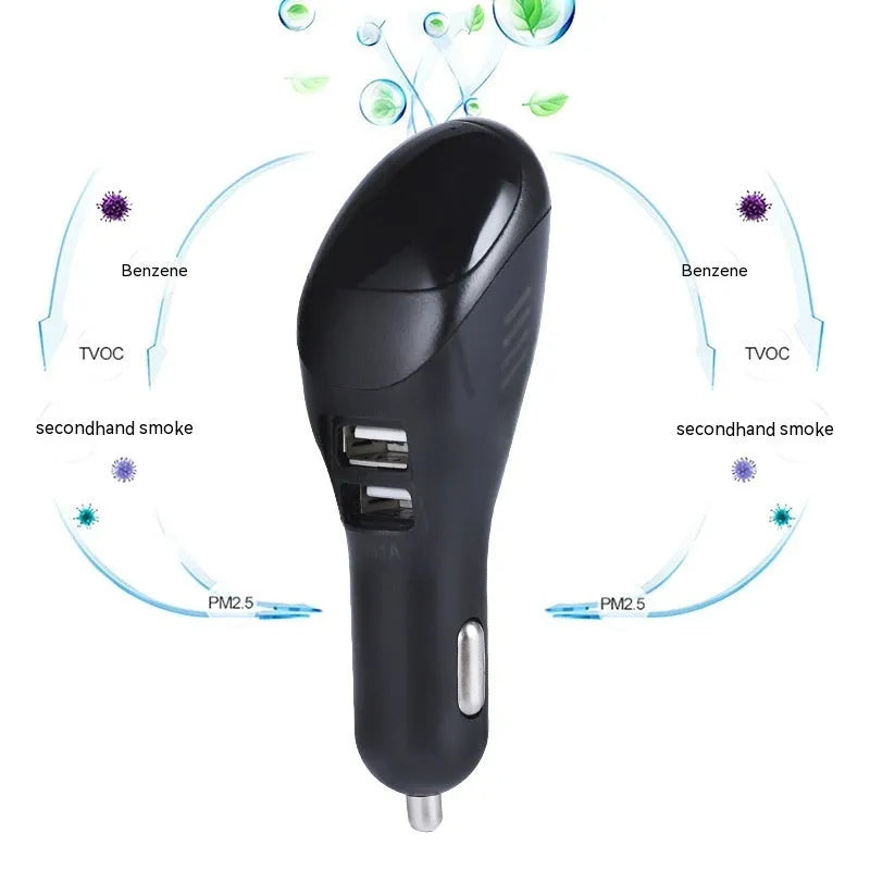 White car USB charger with negative ion air purifier measuring 103mm with dual charging ports