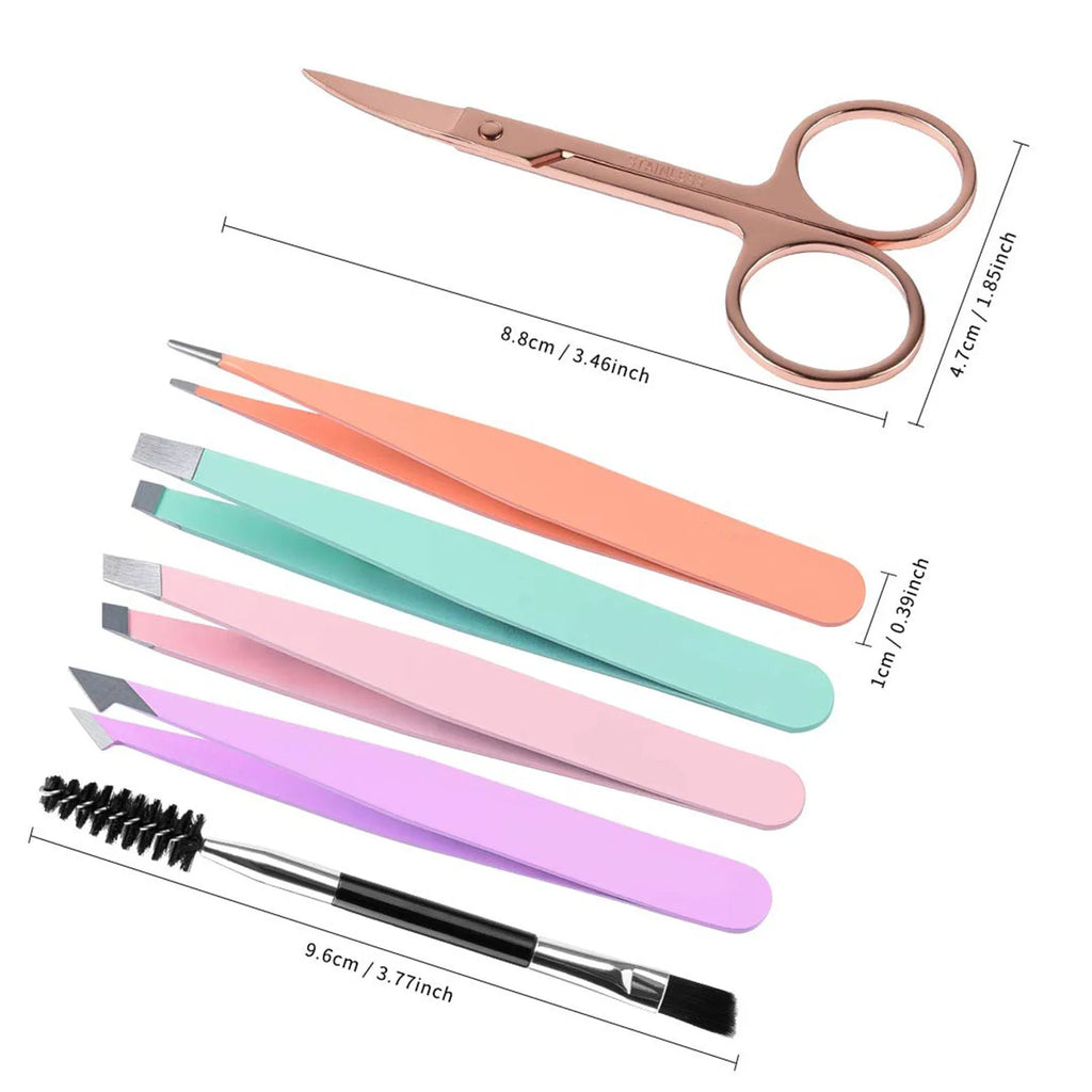 Six-piece stainless steel eyebrow tweezer set with slanted tips, curved scissors, brush, and leather case