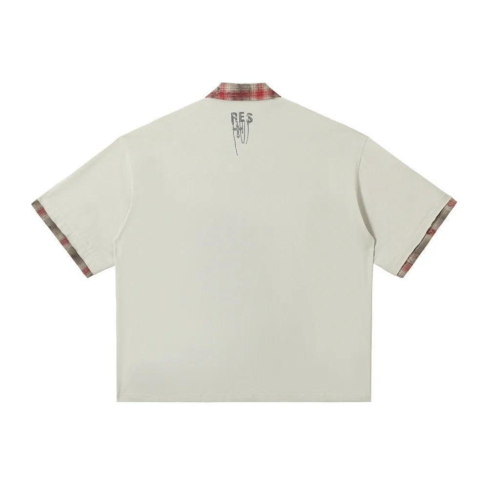 Men's loose fit cotton short-sleeved top with asymmetric graffiti print in blue or red