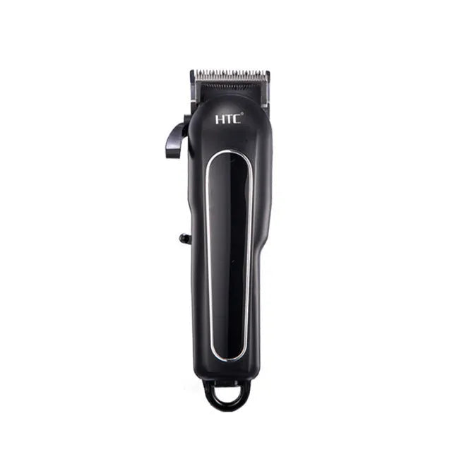 A black wireless hair clipper with four plastic limiting combs placed on a white background.