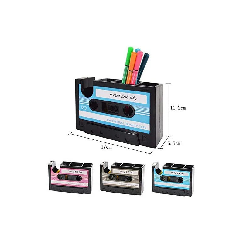 Multifunctional plastic pen holder storage box for desk, 17x5x11.5cm, in blue colour, with pens and phone inside